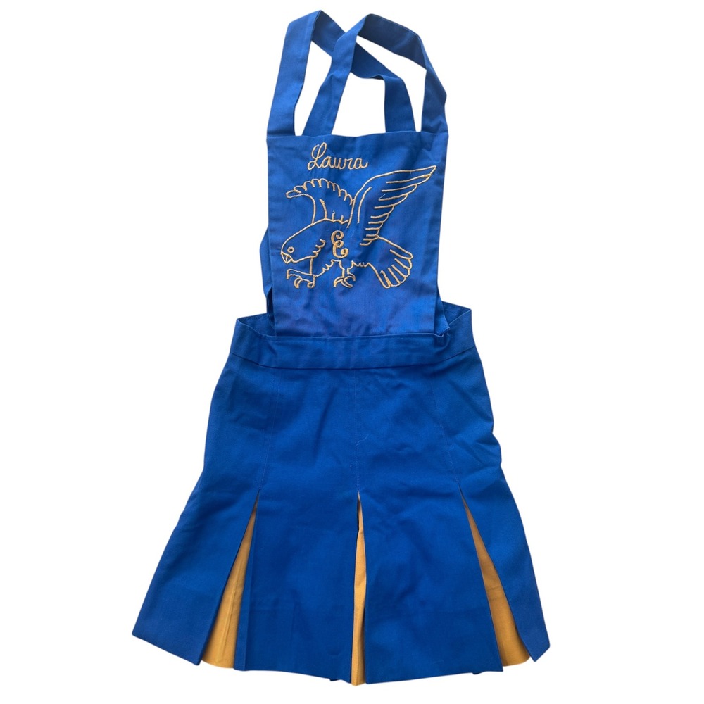 Vintage 60s Cheerleader Pinafore Dress Pleated Embroidered Eagle 26 Waist Blue